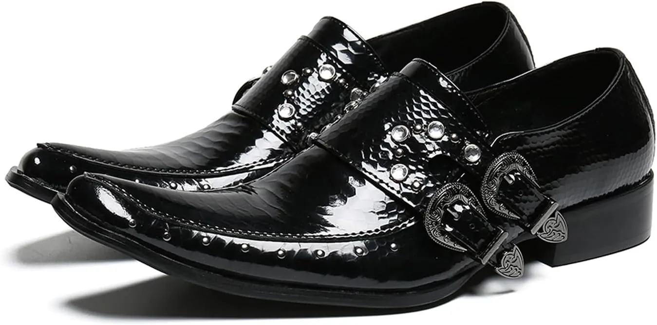 Santimon Men's Patent Leather Dress Shoes with Buckle, Pointed Toe, and Rivet Accents ?C Elegant Casual Loafers for Office, Weddings, Parties & Bar