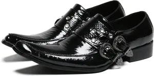 Santimon Men's Patent Leather Dress Shoes with Buckle, Pointed Toe, and Rivet Accents ?C Elegant Casual Loafers for Office, Weddings, Parties & Bar