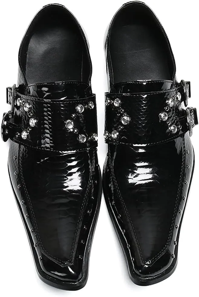 Santimon Men's Patent Leather Dress Shoes with Buckle, Pointed Toe, and Rivet Accents ?C Elegant Casual Loafers for Office, Weddings, Parties & Bar