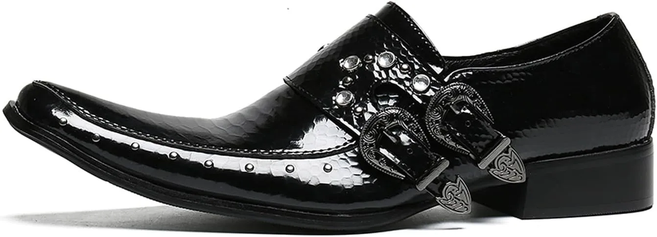 Santimon Men's Patent Leather Dress Shoes with Buckle, Pointed Toe, and Rivet Accents ?C Elegant Casual Loafers for Office, Weddings, Parties & Bar
