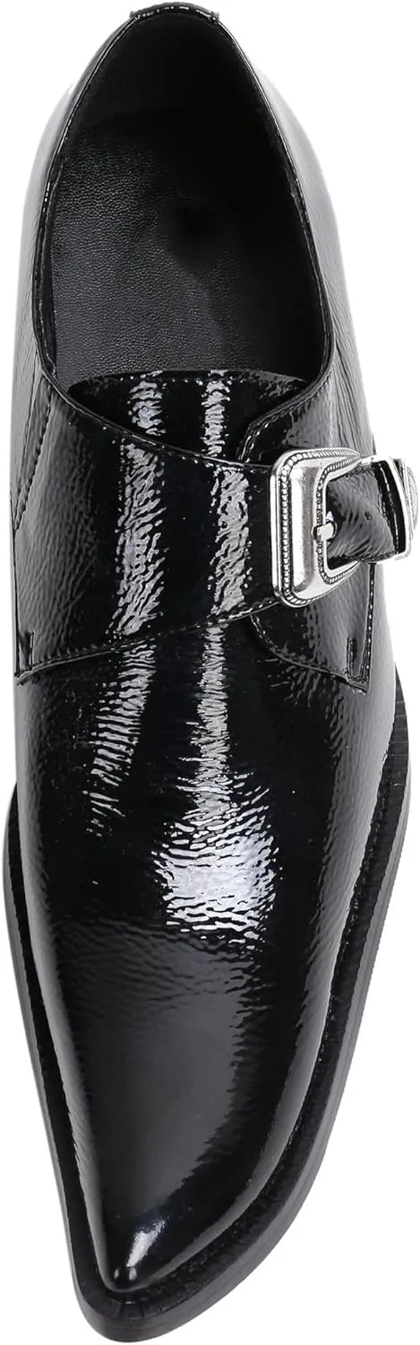 Santimon Men's Patent Leather Dress Shoes with Buckle, Pointed Toe, and Rivet Accents ?C Elegant Casual Loafers for Office, Weddings, Parties & Bar