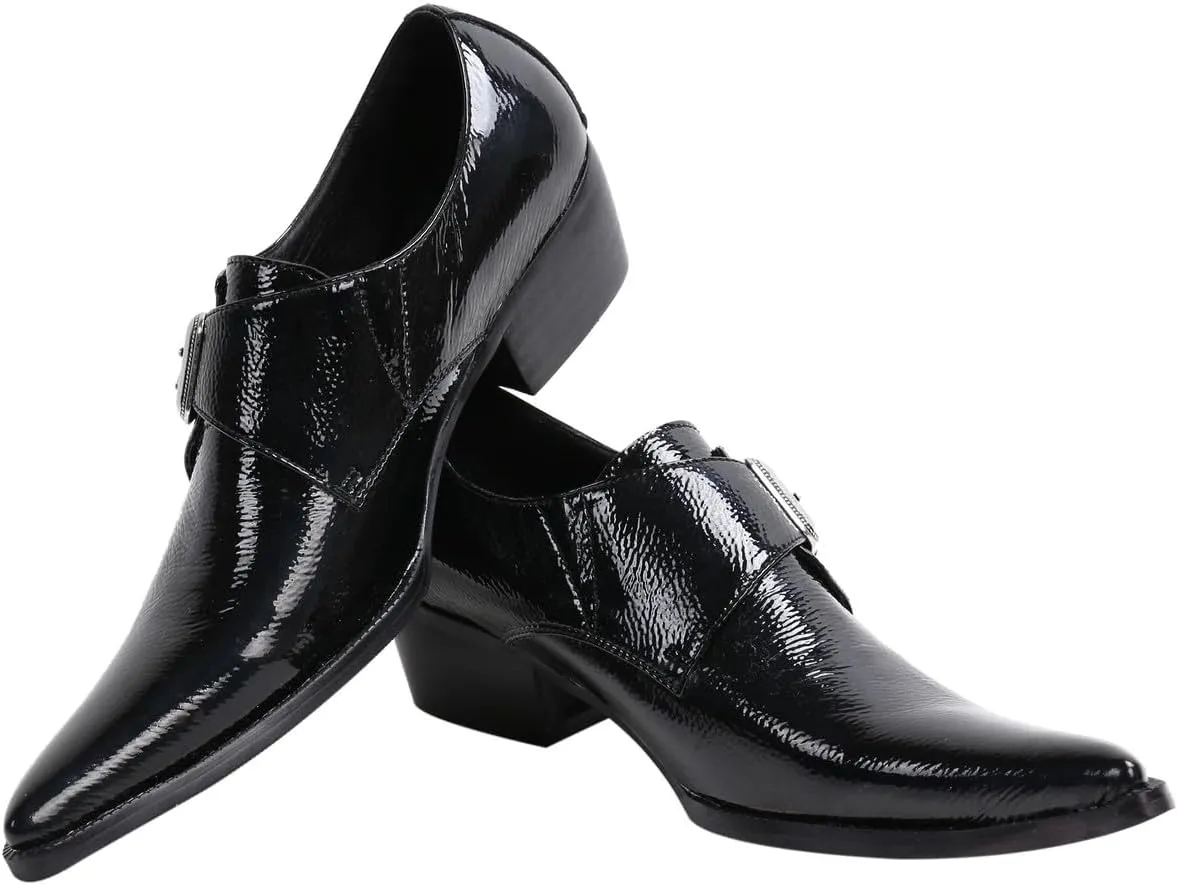 Santimon Men's Patent Leather Dress Shoes with Buckle, Pointed Toe, and Rivet Accents ?C Elegant Casual Loafers for Office, Weddings, Parties & Bar