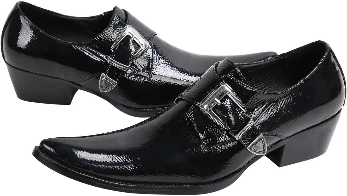Santimon Men's Patent Leather Dress Shoes with Buckle, Pointed Toe, and Rivet Accents ?C Elegant Casual Loafers for Office, Weddings, Parties & Bar