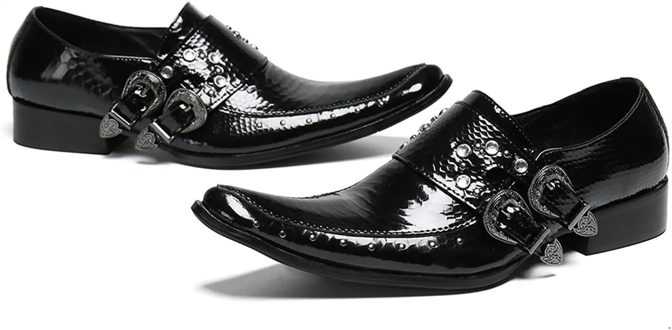 Santimon Men's Patent Leather Dress Shoes with Buckle, Pointed Toe, and Rivet Accents ?C Elegant Casual Loafers for Office, Weddings, Parties & Bar