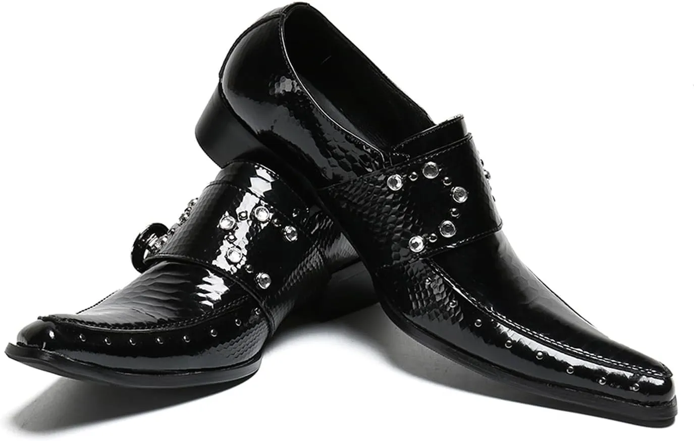 Santimon Men's Patent Leather Dress Shoes with Buckle, Pointed Toe, and Rivet Accents ?C Elegant Casual Loafers for Office, Weddings, Parties & Bar