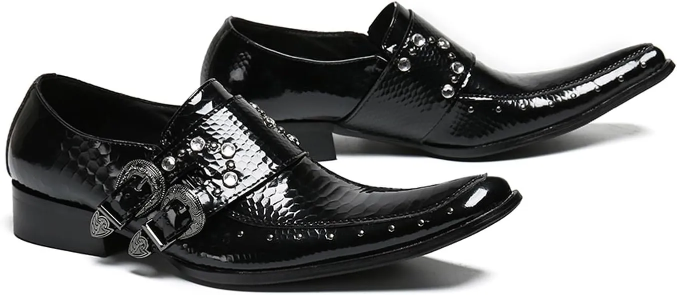 Santimon Men's Patent Leather Dress Shoes with Buckle, Pointed Toe, and Rivet Accents ?C Elegant Casual Loafers for Office, Weddings, Parties & Bar