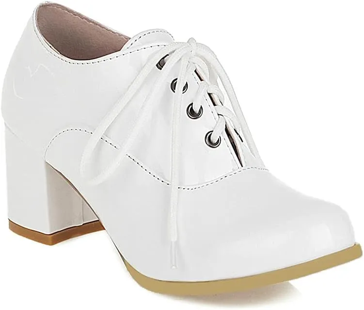 Shinelly Women Chunky Heel Patent Leather Oxford High Heeled Lace Up Pumps Shoes