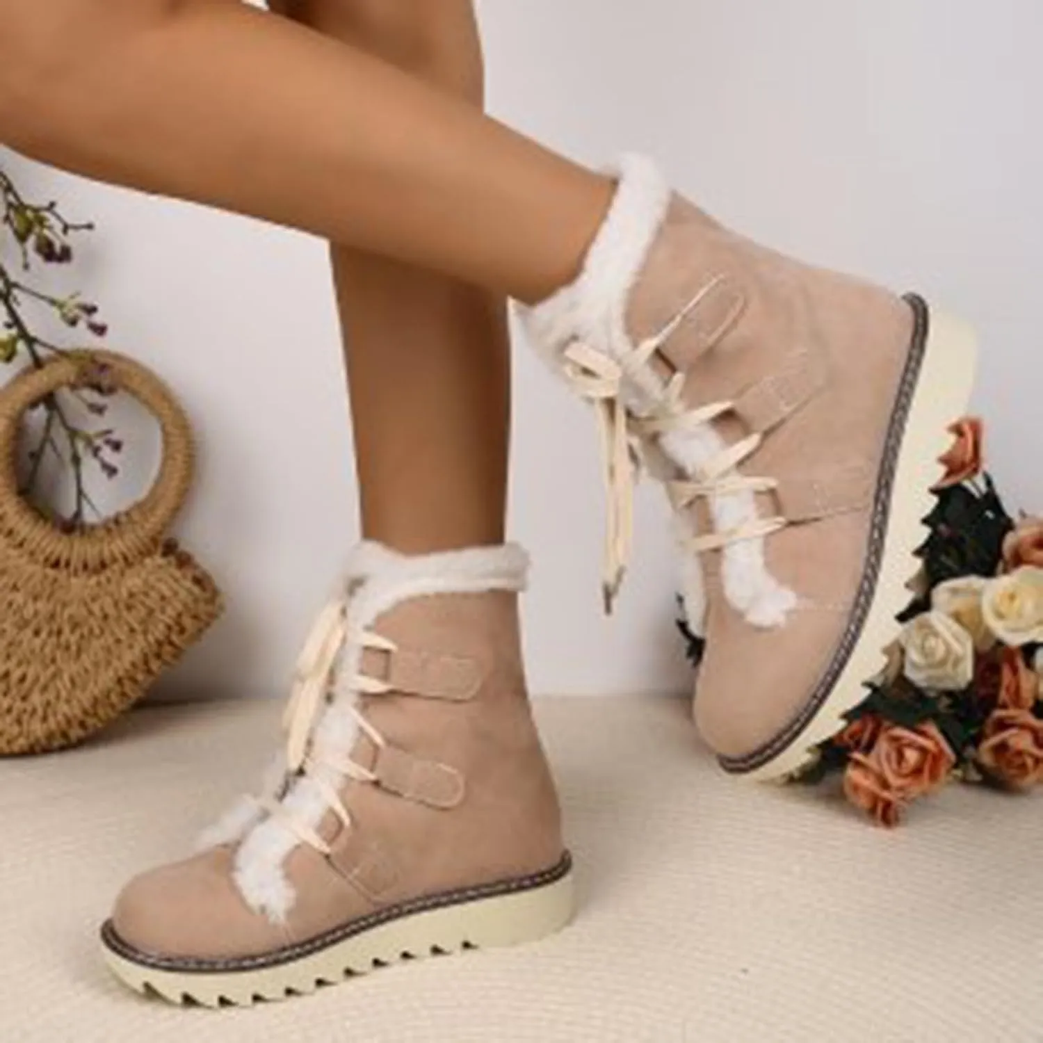 Snow Boots for Women Fur Lined Winter Warm Cotton Shoes Ankle Booties Lace up Flat Anti-Slip Mid Calf Knight Boots