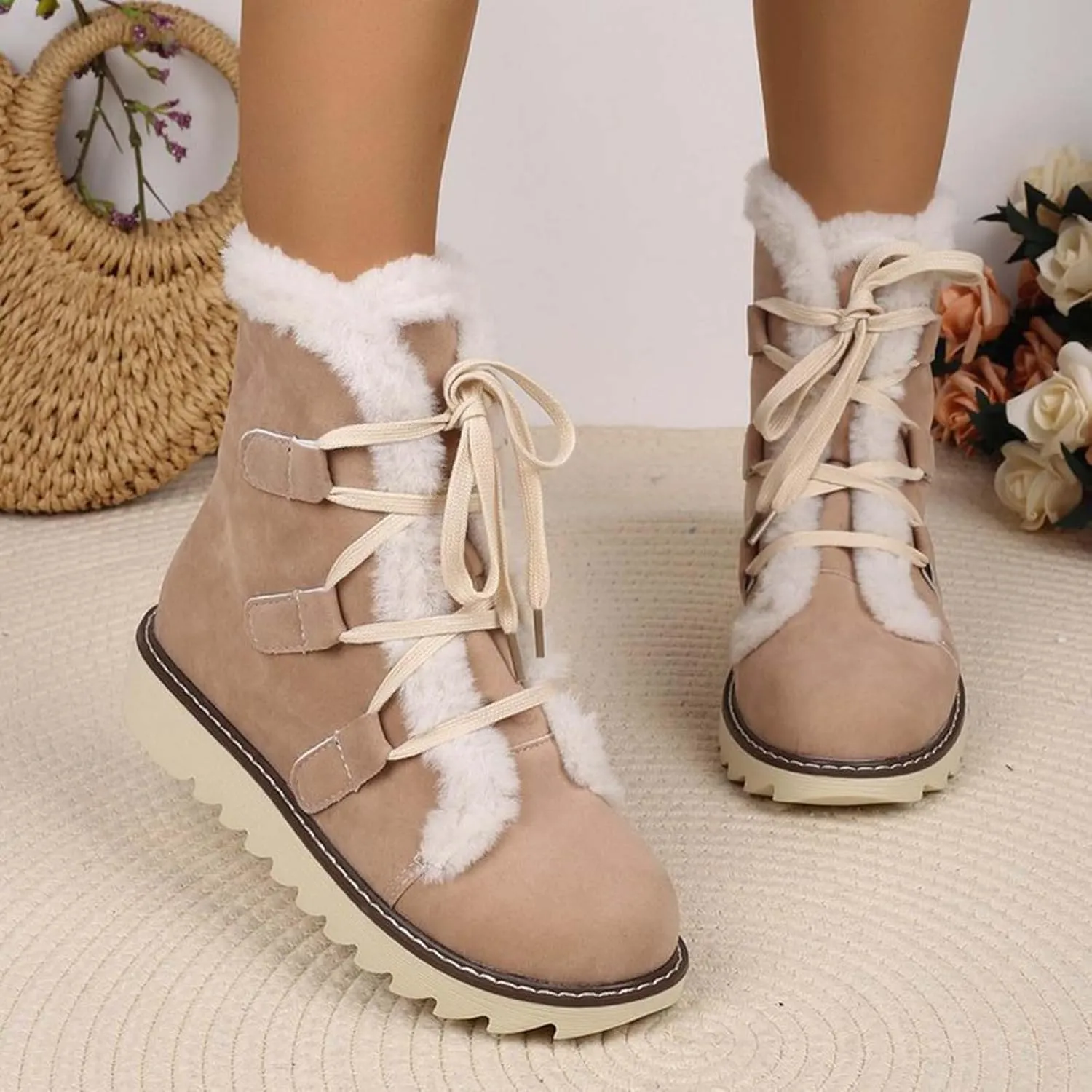 Snow Boots for Women Fur Lined Winter Warm Cotton Shoes Ankle Booties Lace up Flat Anti-Slip Mid Calf Knight Boots