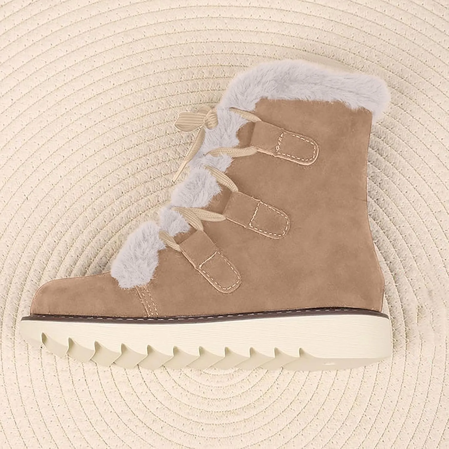 Snow Boots for Women Fur Lined Winter Warm Cotton Shoes Ankle Booties Lace up Flat Anti-Slip Mid Calf Knight Boots