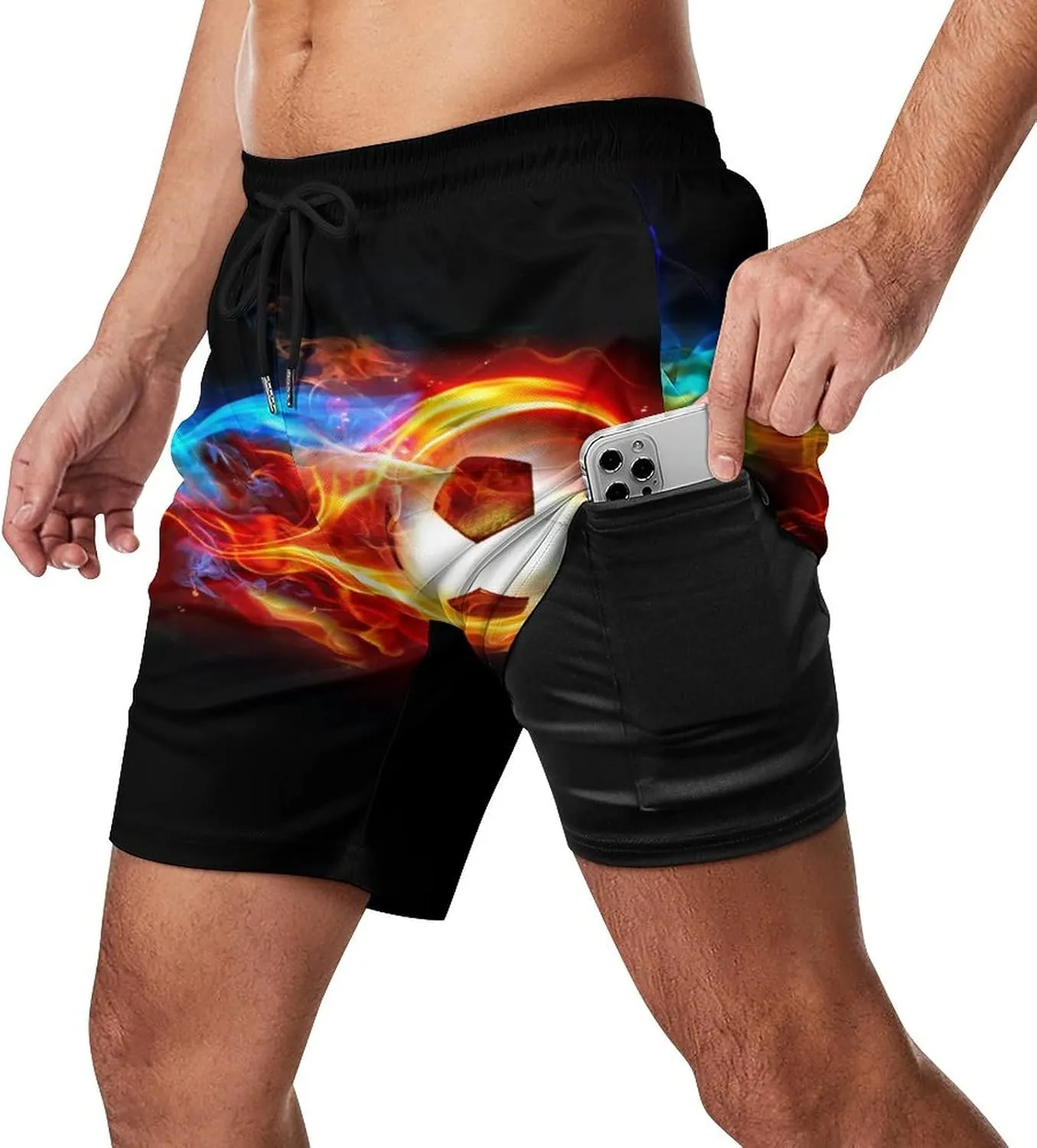 Soccer Ball on Fire Mens Quick Dry Swim Trunks Board Shorts with Compression Liner and Pockets