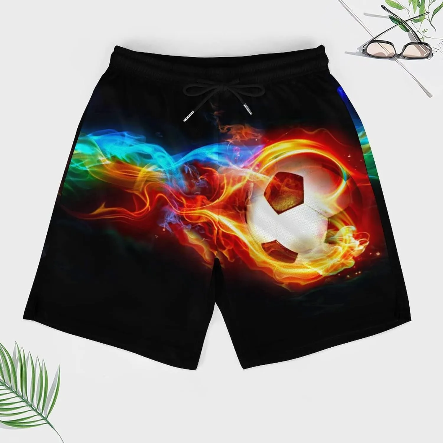Soccer Ball on Fire Mens Quick Dry Swim Trunks Board Shorts with Compression Liner and Pockets