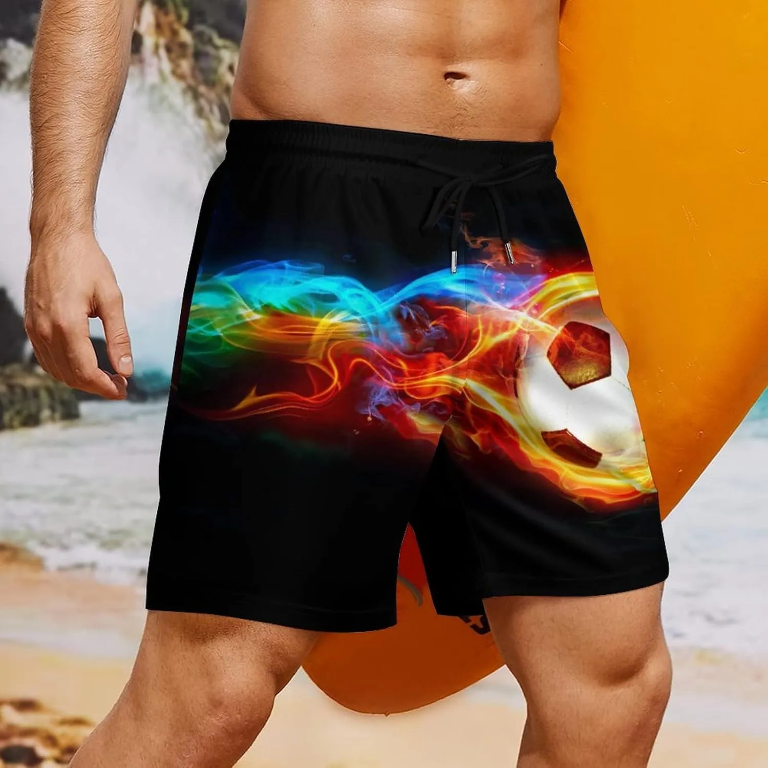 Soccer Ball on Fire Mens Quick Dry Swim Trunks Board Shorts with Compression Liner and Pockets