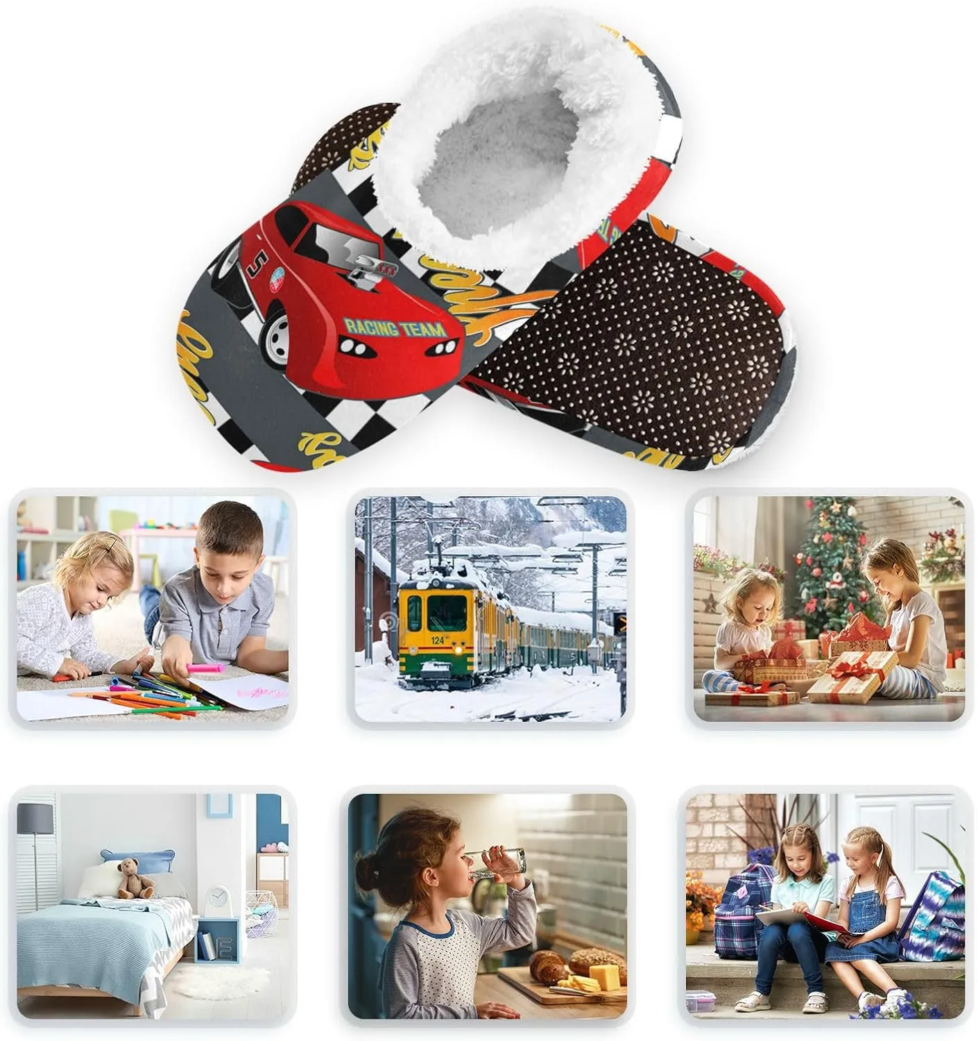 Speedway Racing Car Boys Girls House Slippers Checkered Stripe Kids toddler Home Shoes Winter Indoor shoes XS