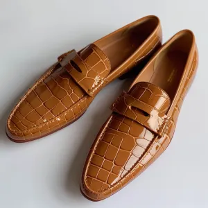 Tan Croc Print Leather Emanuele Loafers