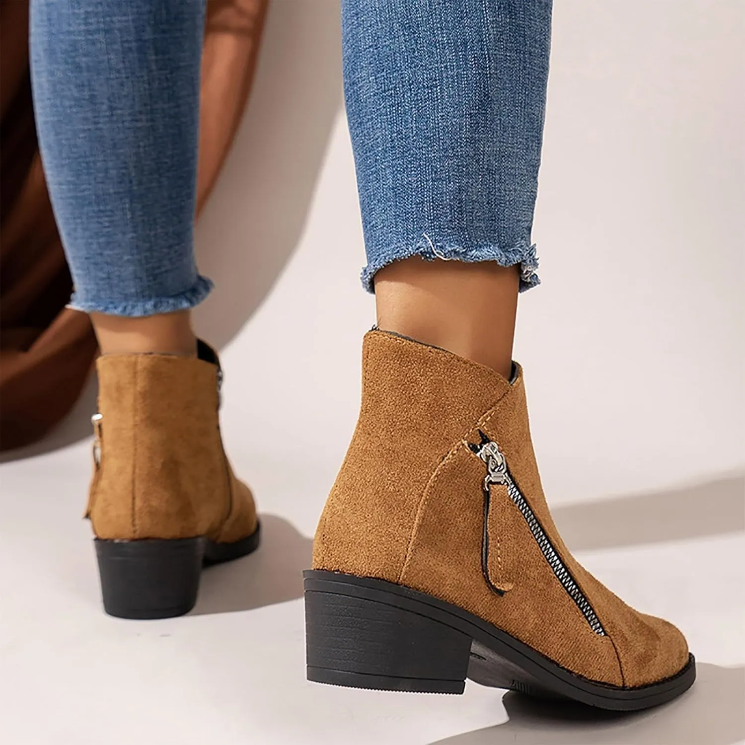 Teen Girls Chunky High Heel Ankle Boots Round Toe Fall Short Booties Leopard Western Shoes Women's Slip On Boot