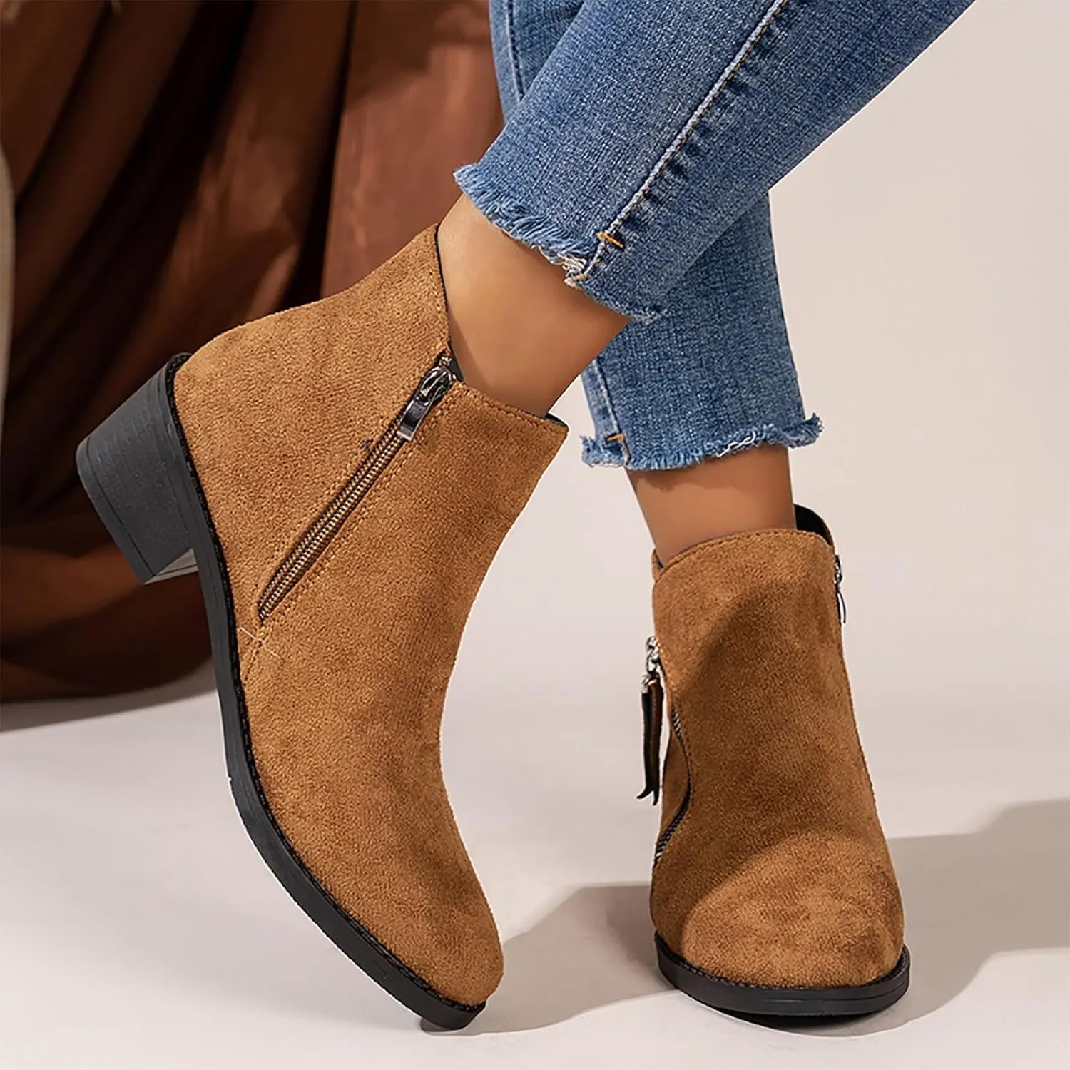 Teen Girls Chunky High Heel Ankle Boots Round Toe Fall Short Booties Leopard Western Shoes Women's Slip On Boot