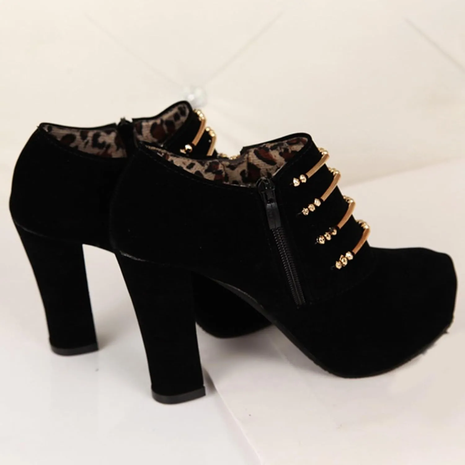 Thick Heel Short Boots for Women High Heel Platform Single Boots Side Leopard Walking High Dress Shoes