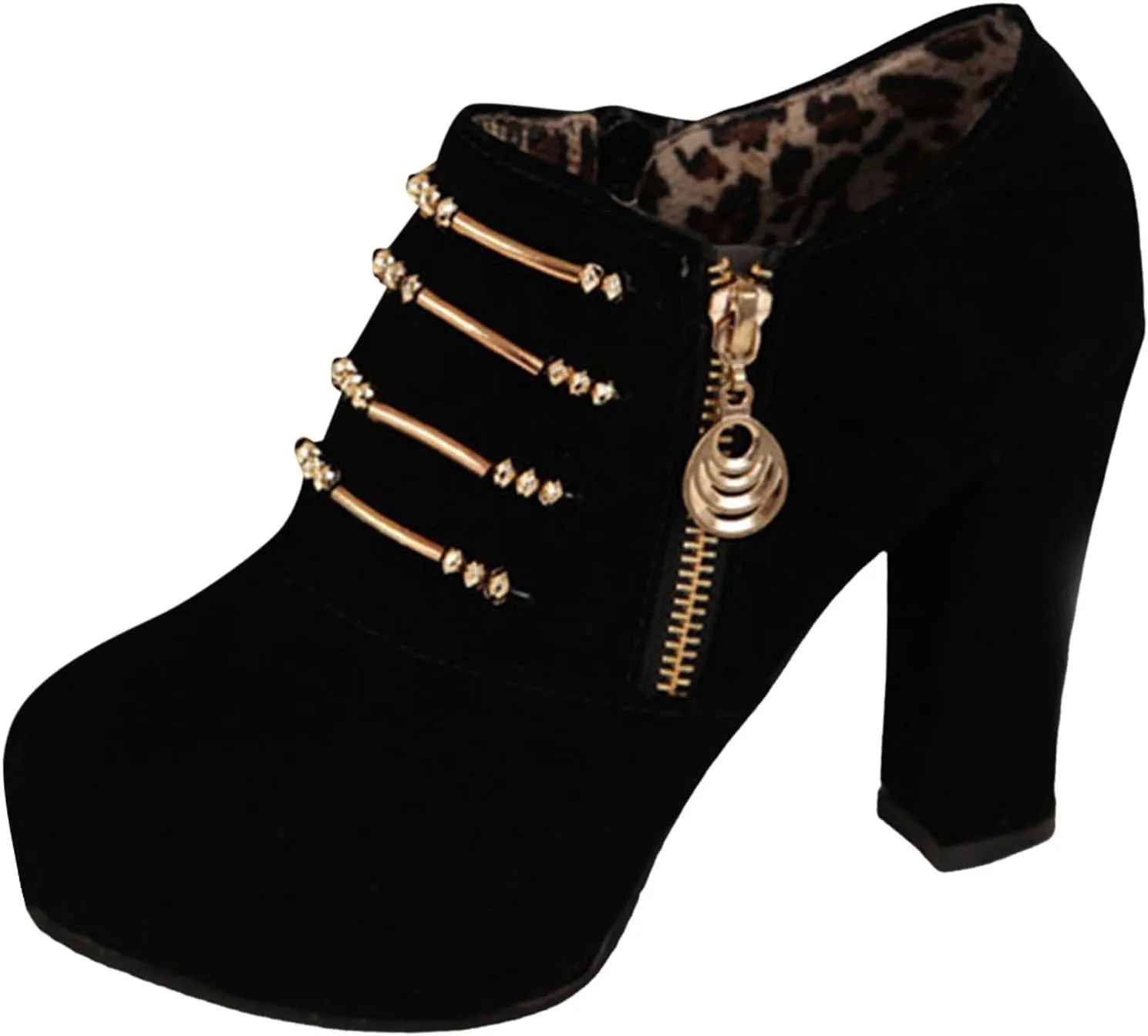 Thick Heel Short Boots for Women High Heel Platform Single Boots Side Leopard Walking High Dress Shoes