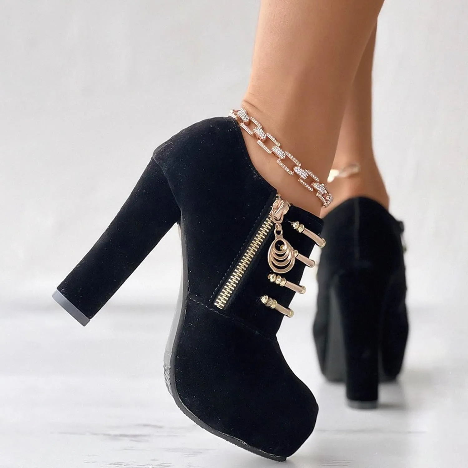Thick Heel Short Boots for Women High Heel Platform Single Boots Side Leopard Walking High Dress Shoes