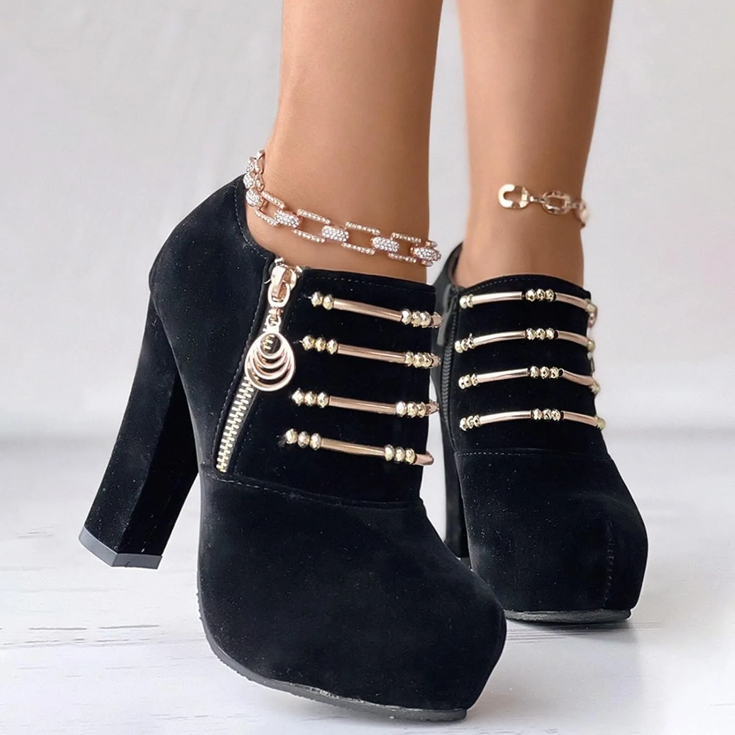 Thick Heel Short Boots for Women High Heel Platform Single Boots Side Leopard Walking High Dress Shoes