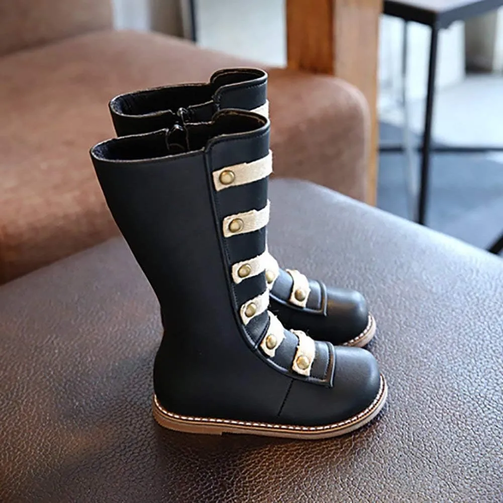 Toddler Little Girls Knee High Fashion Flat Riding Boots Shoes Leather Zipper Winter Boots