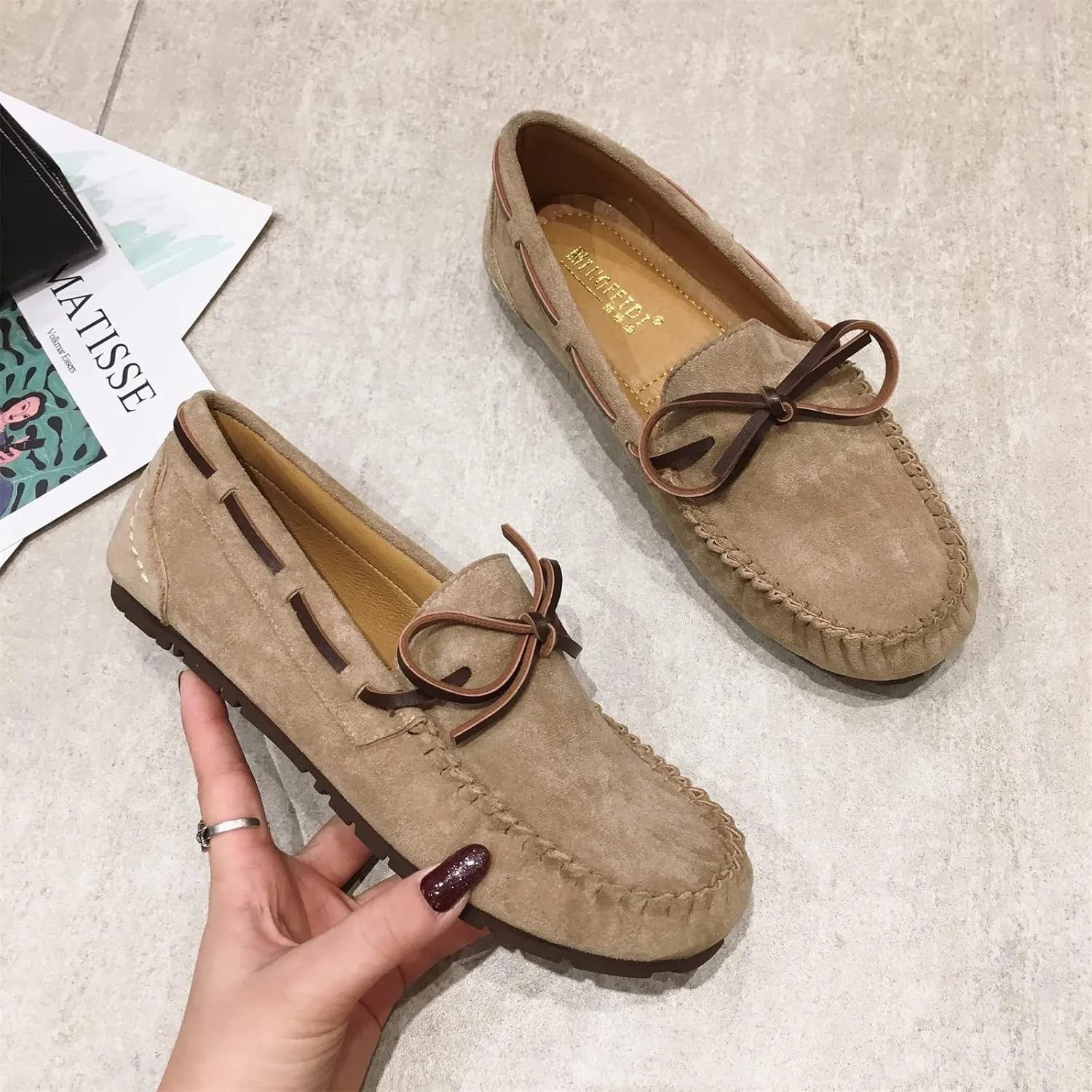 Unifizz Women's Casual Bowknot Moccasins Driving Loafers Slip on Indoor and Outdoor Flat Shoes
