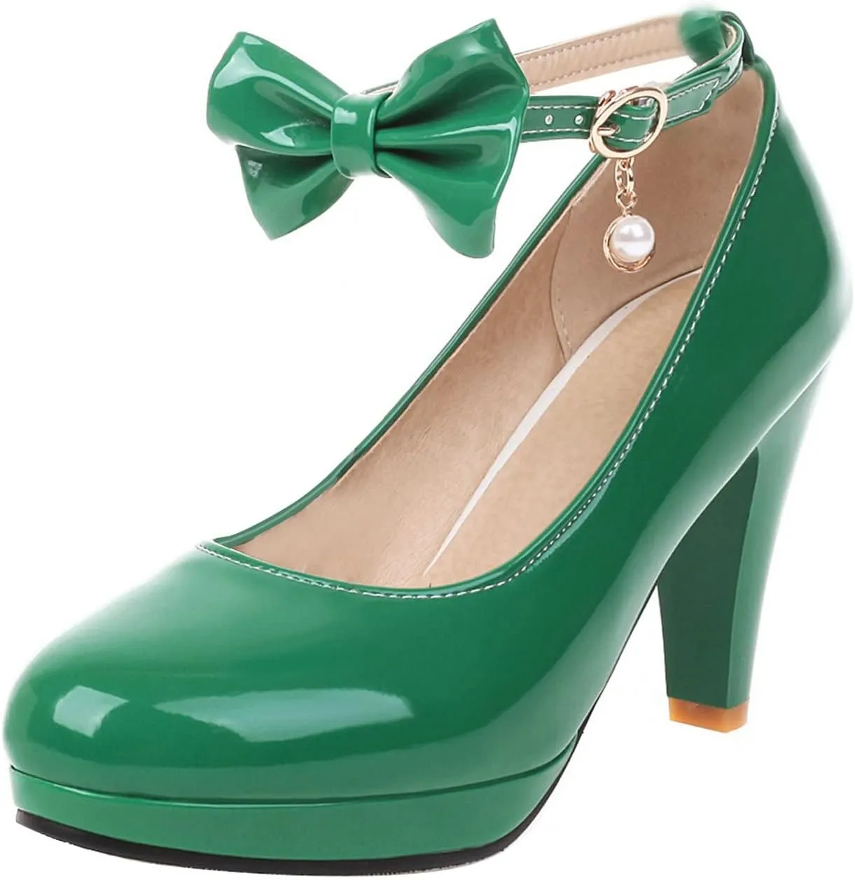 UniqueStride Womens Ankle Strap Block High Heel Pumps Chunky Heels Platform Round Toe Wedding Party Dress Elegant Bow Patent Leather Shoes