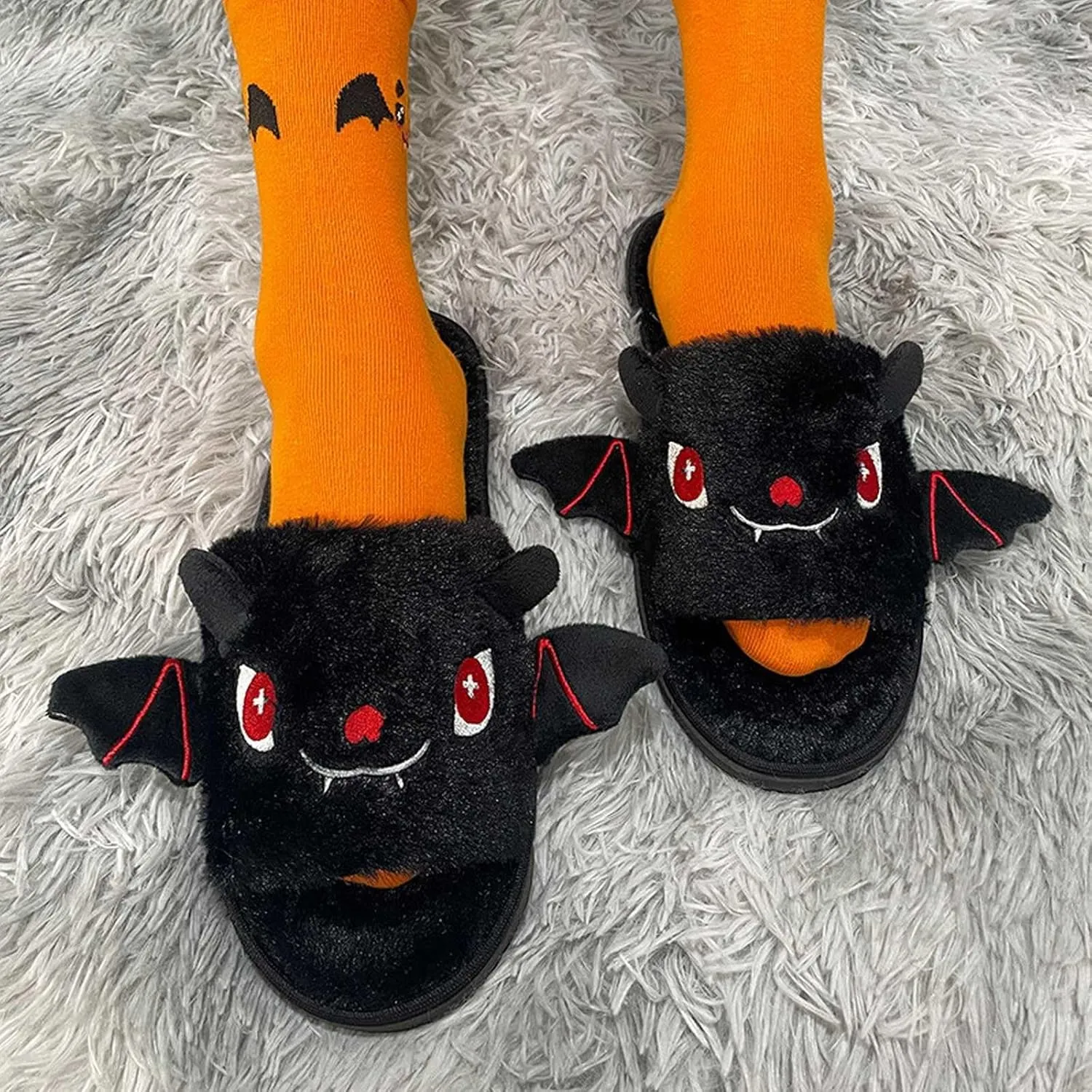 Unisex Toddler Boys Girls Fuzzy Slippers Christmas Cartoon Bat Plush Slippers Non-Slip Sole Indoor House Shoes