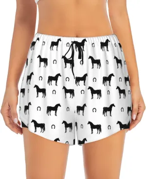 VOSERY Running Shorts for Women - Minimalist Horse Horseshoe Black Athletic Workout Gym Yoga Shorts with Liner Pockets