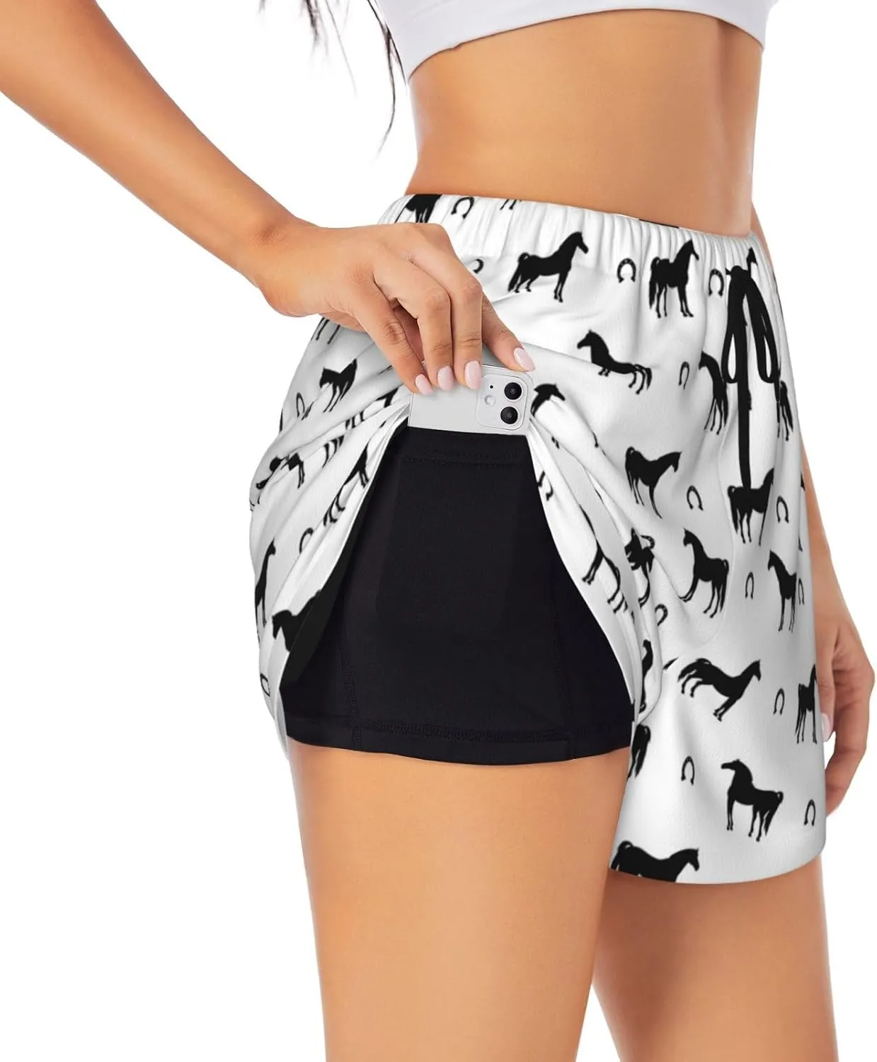 VOSERY Running Shorts for Women - Minimalist Horse Horseshoe Black Athletic Workout Gym Yoga Shorts with Liner Pockets