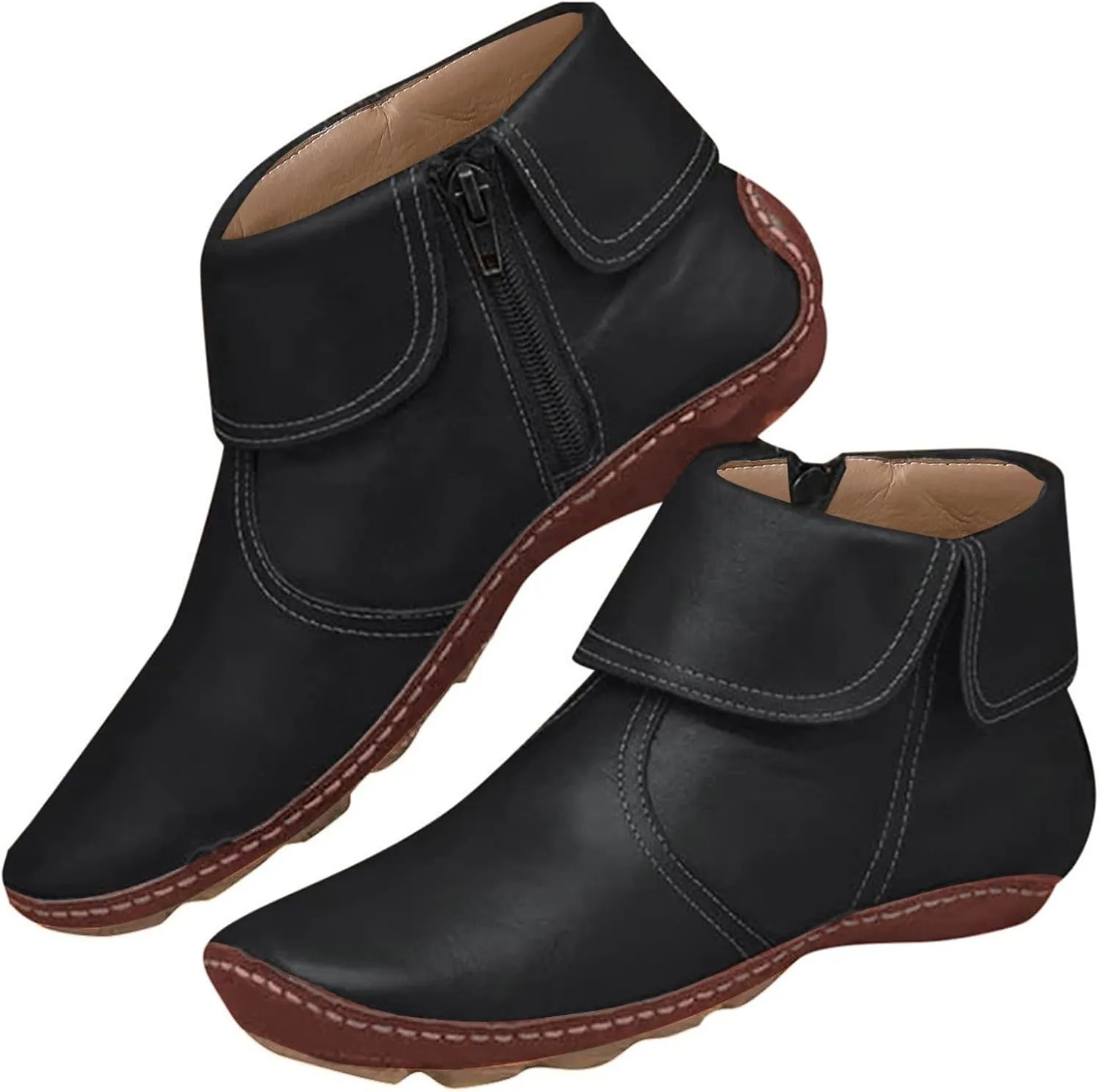 Womens Ankle Boots No Heel Arch Support Booties Side Zipper Vintage Leather Boots Flat Heel Dressy Booties