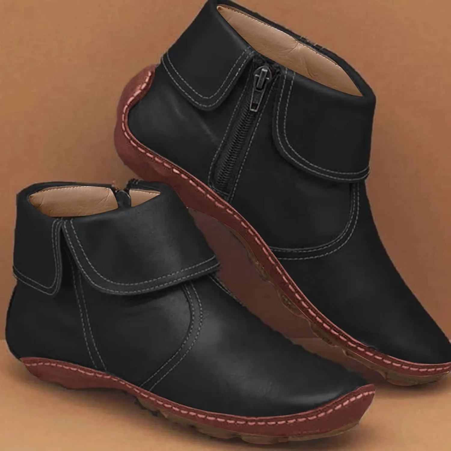 Womens Ankle Boots No Heel Arch Support Booties Side Zipper Vintage Leather Boots Flat Heel Dressy Booties