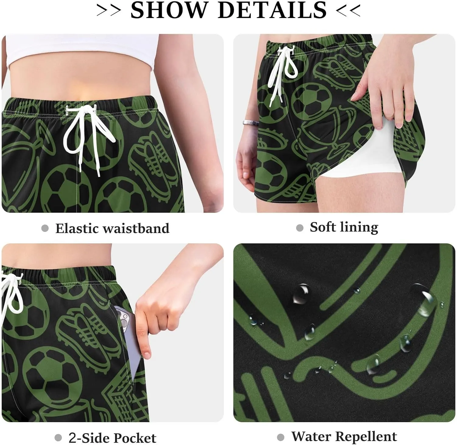Women's Athletic Shorts Soccer Trophy Shoes Black Workout Running Gym Quick Dry Liner Shorts with Pockets