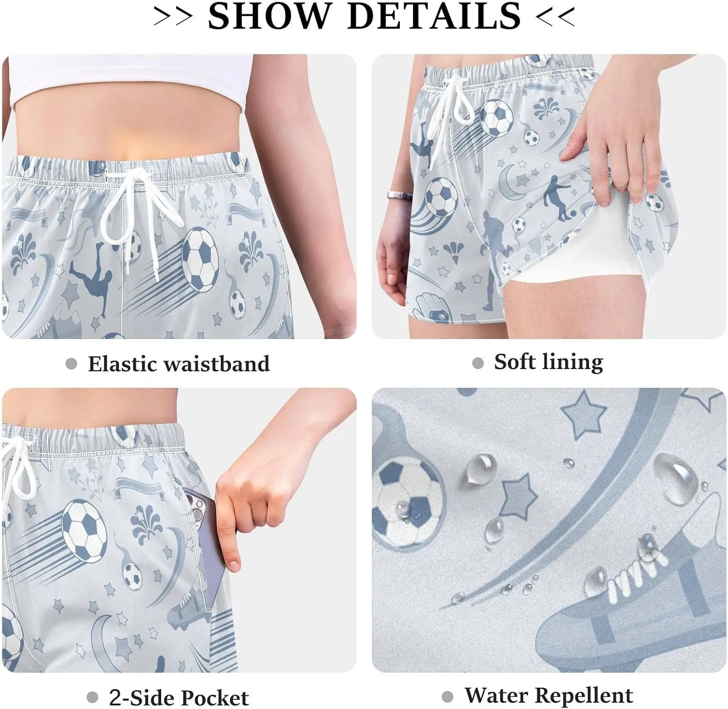 Women's Athletic Shorts Soccer Trophy Shoes Blue Workout Running Gym Quick Dry Liner Shorts with Pockets