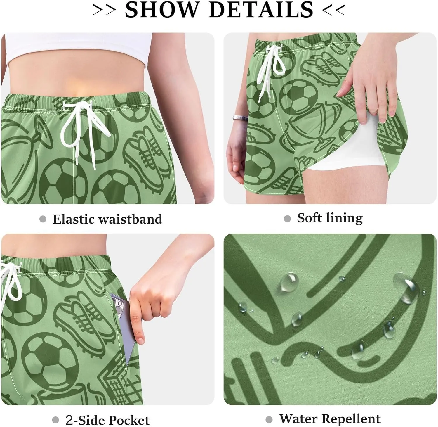 Women's Athletic Shorts Soccer Trophy Shoes Green Workout Running Gym Quick Dry Liner Shorts with Pockets