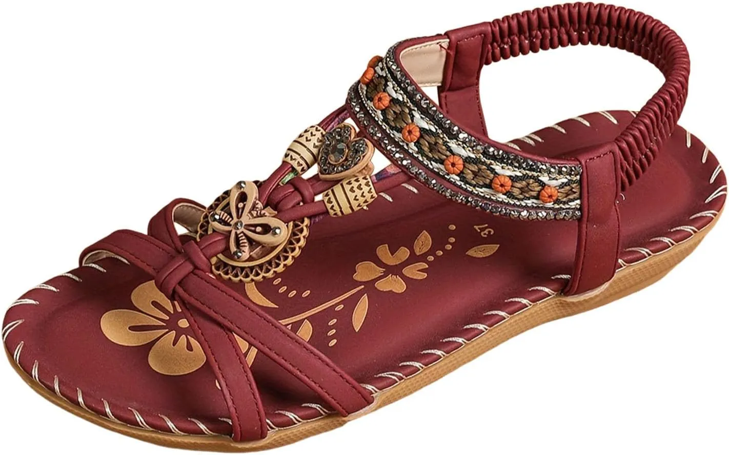 Women's Bohemian Flat Sandals Summer Beach Slide Shoes with Arch Support Casual Dressy Ethnic Style Low Heel
