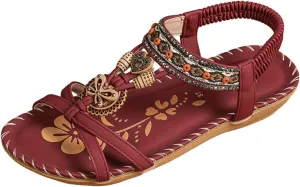 Women's Bohemian Flat Sandals Summer Beach Slide Shoes with Arch Support Casual Dressy Ethnic Style Low Heel