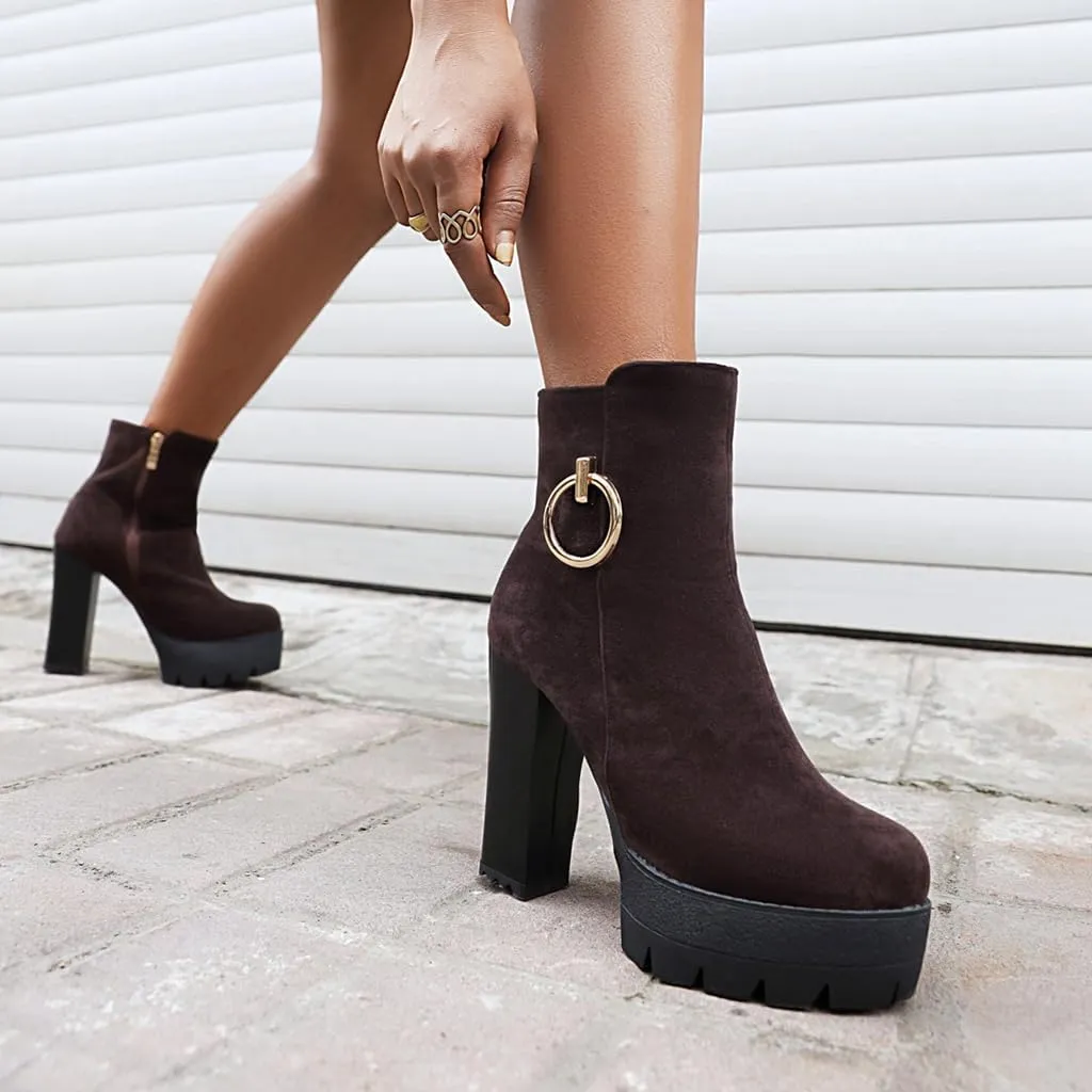 Women's Chunky Platform High Heel Ankle Boots Round Toe Suede Side Zipper Winter Dressy Short Bootie