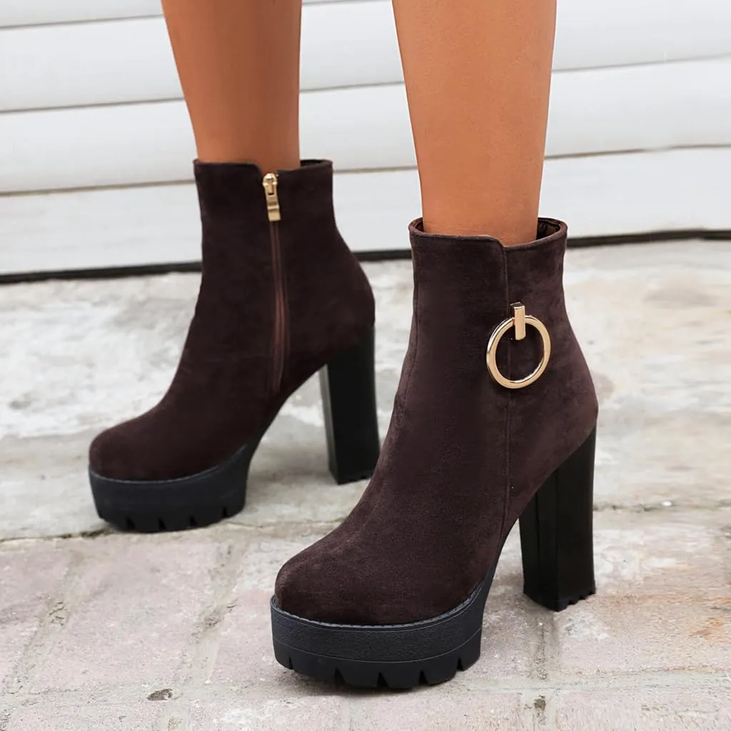 Women's Chunky Platform High Heel Ankle Boots Round Toe Suede Side Zipper Winter Dressy Short Bootie