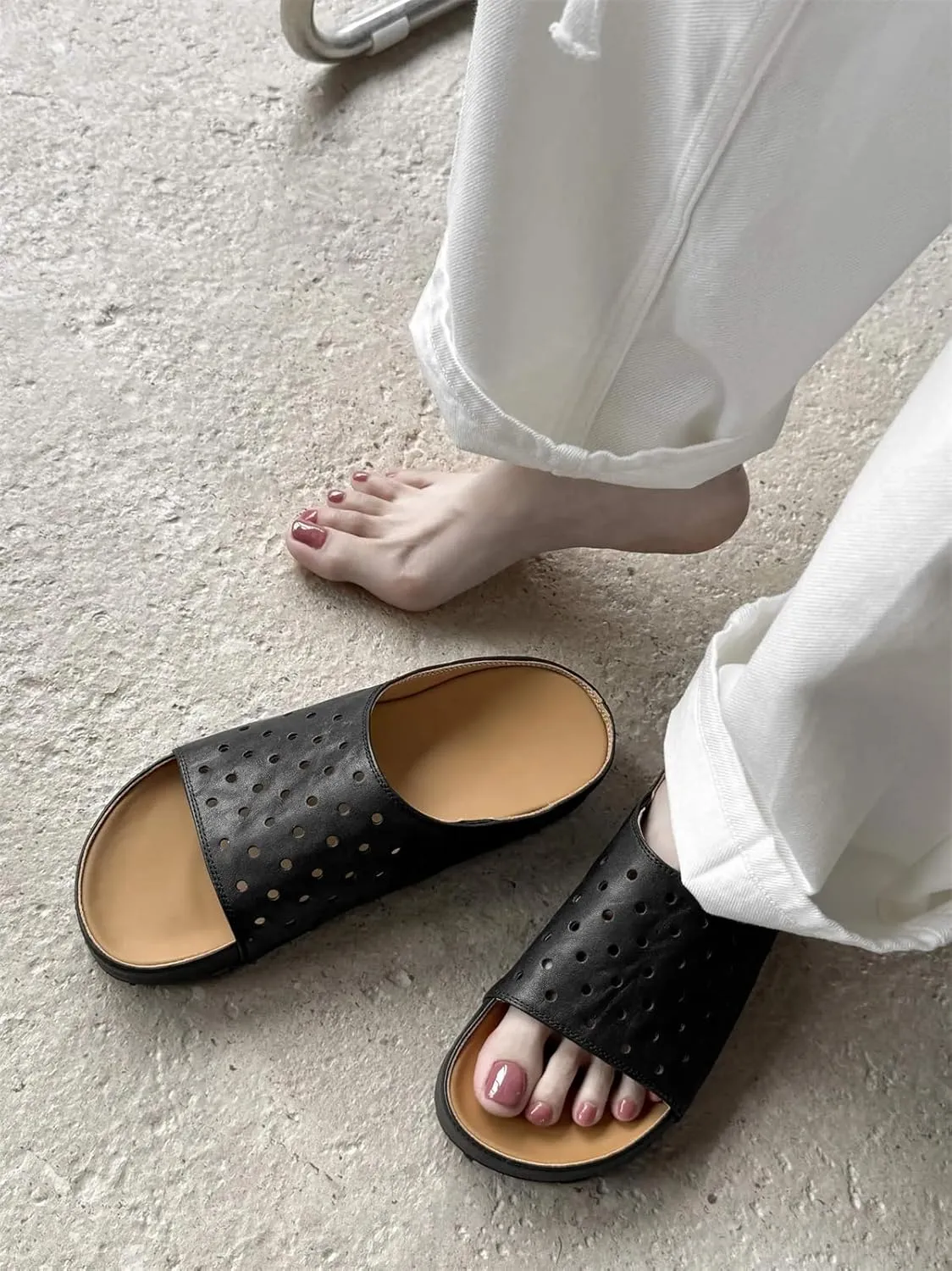 Women's Cow Leather Hollow Slides - Peep Toe Med Heels Summer Casual Slippers
