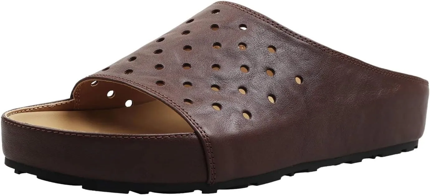 Women's Cow Leather Hollow Slides - Peep Toe Med Heels Summer Casual Slippers