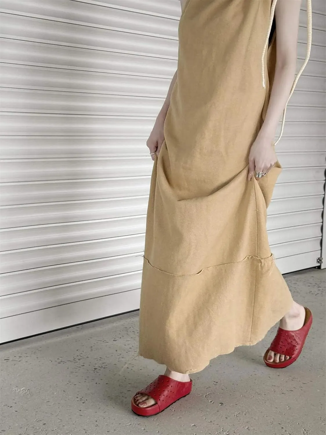 Women's Cow Leather Hollow Slides - Peep Toe Med Heels Summer Casual Slippers