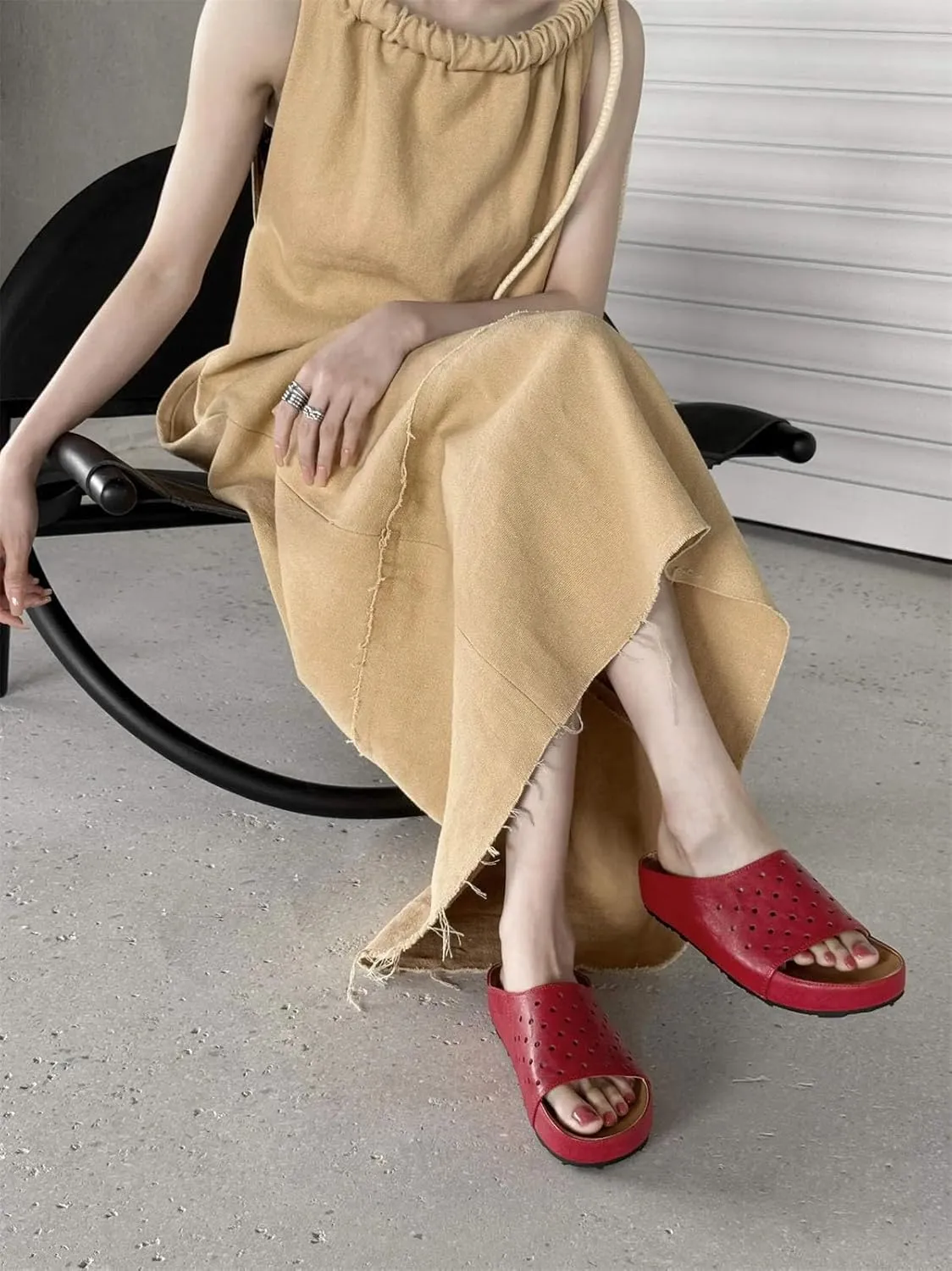 Women's Cow Leather Hollow Slides - Peep Toe Med Heels Summer Casual Slippers