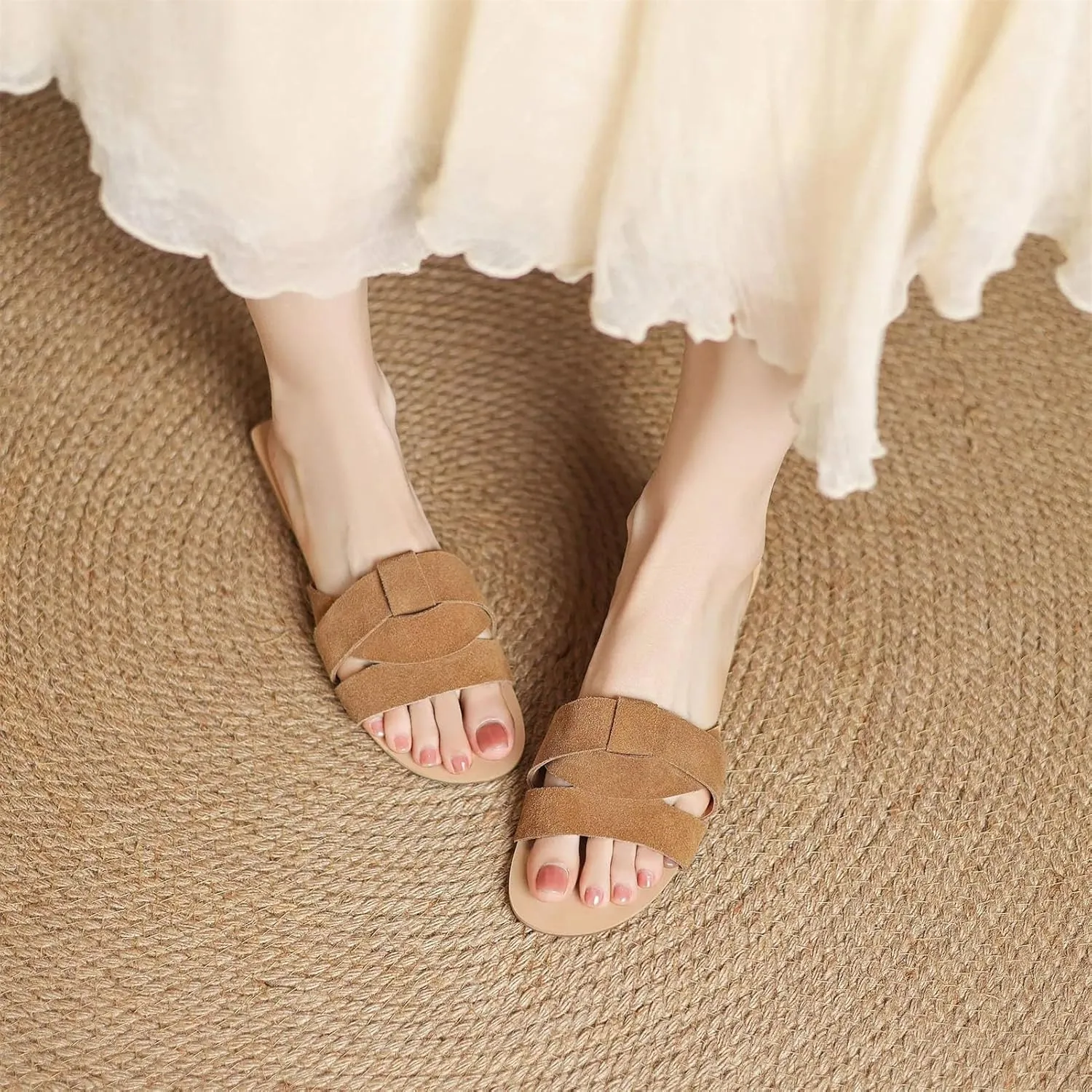 Women's Cow Suede Peep Toe Slides - Low Heels Summer Party Dating Slippers