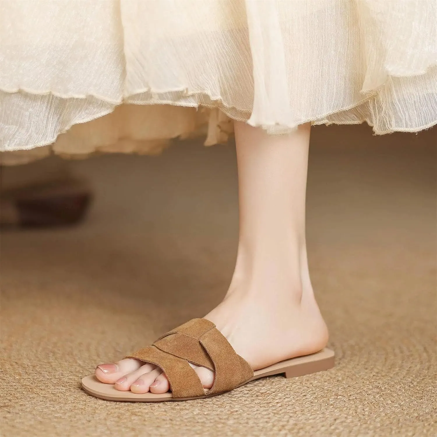 Women's Cow Suede Peep Toe Slides - Low Heels Summer Party Dating Slippers