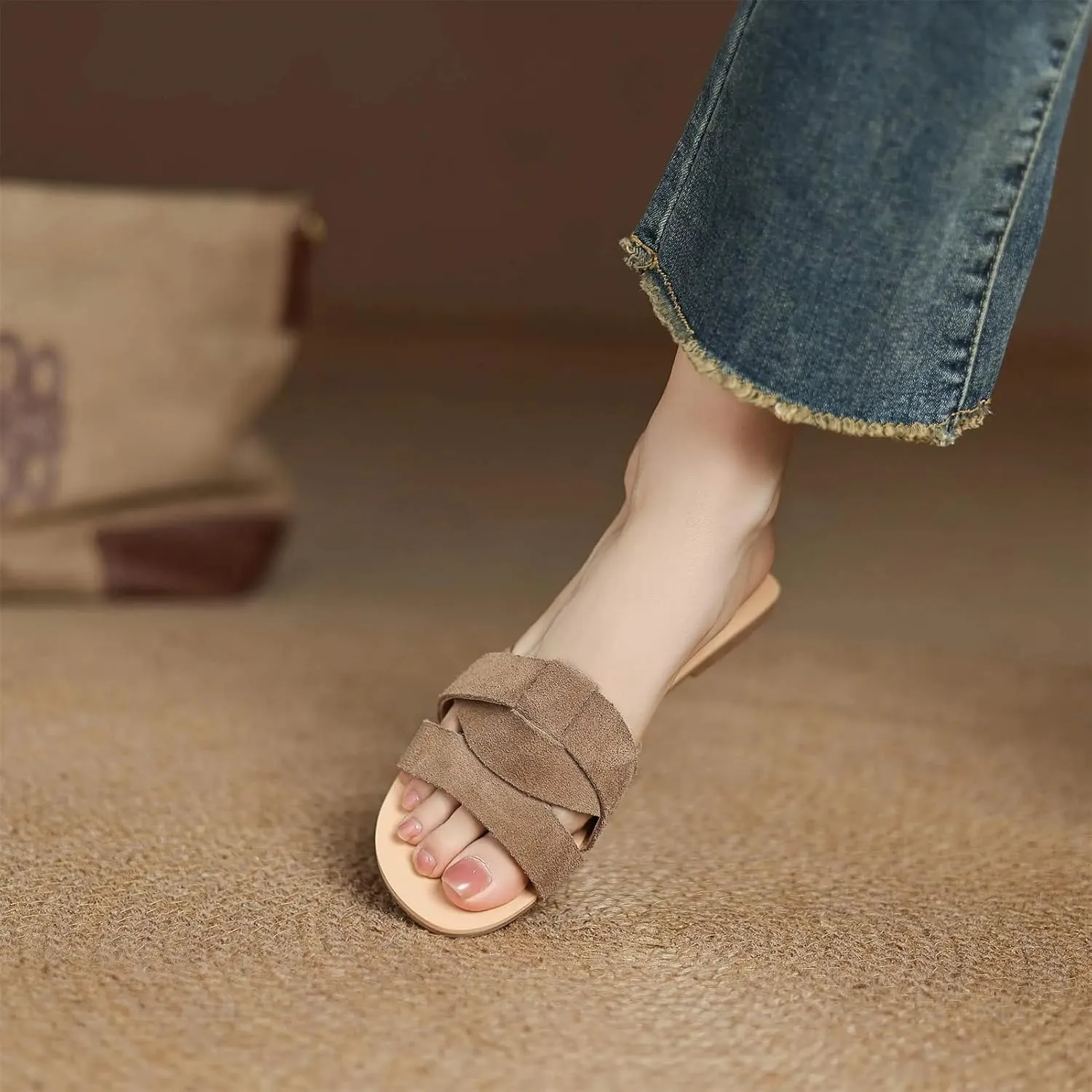 Women's Cow Suede Peep Toe Slides - Low Heels Summer Party Dating Slippers