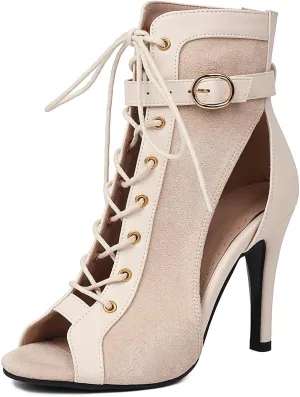 Women's Dance Heels Peep Toe Ankle Dance Boots Lace-up Jazz Ballroom Salsa Shoes