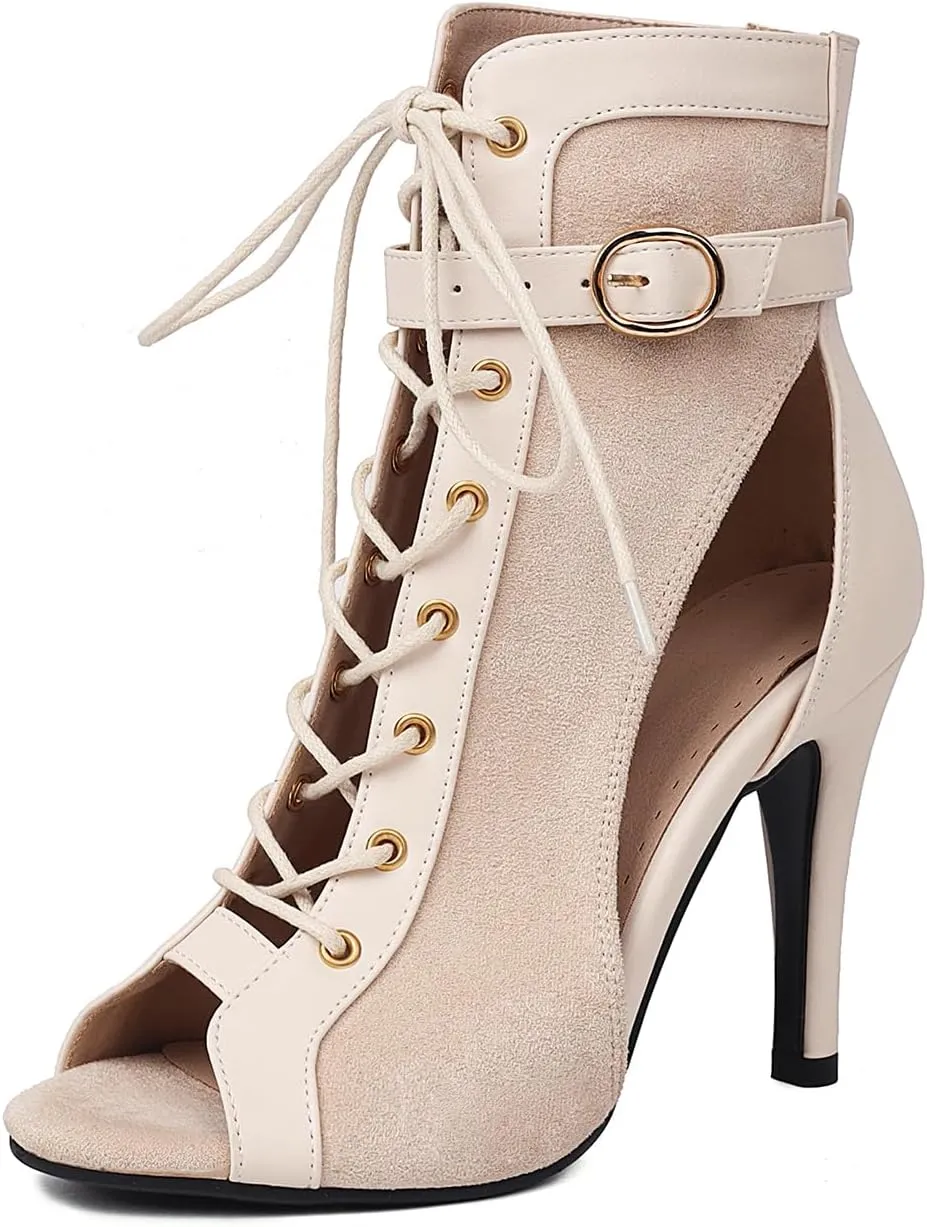 Women's Dance Heels Peep Toe Ankle Dance Boots Lace-up Jazz Ballroom Salsa Shoes