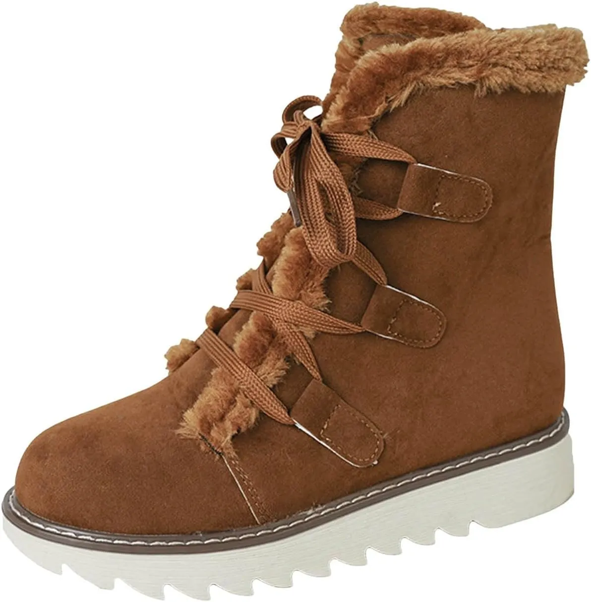 Women's Furry Boots Plus Velvet Warm Snow Boots Lace Up Mid Calf Boots Water Proof Insulated Womens Snow Boots Leather